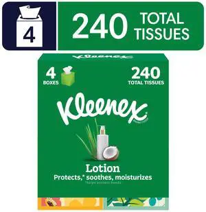 Kleenex Lotion with Coconut Oil 3-Ply Cube Box Facial Tissues, 4 Pack (240 Total Tissues) Kleenex Lotion with Coconut Oil 3-Ply Cube Box Facial Tissues, 4 Pack (240 Total Tissues)