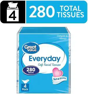 Great Value Everyday Soft Facial Tissues, 4 Cubes, 70 Tissues per Cube, 2-Ply Great Value Everyday Soft Facial Tissues, 4 Cubes, 70 Tissues per Cube, 2-Ply