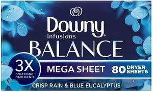 Downy Fabric Softener Dryer Sheets, Infusions Balance Crisp Rain and Blue Eucalyptus Scent, 80 Mega Dryer Sheets Downy Fabric Softener Dryer Sheets, Infusions Balance Crisp Rain and Blue Eucalyptus Scent, 80 Mega Dryer Sheets