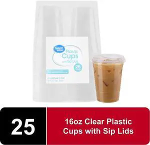 Great Value Disposable Plastic Cups and Lids, Clear, 16 oz, 25 Count, (Cup and Lid Combo) Great Value Disposable Plastic Cups and Lids, Clear, 16 oz, 25 Count, (Cup and Lid Combo)