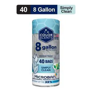 Color Scents Medium Drawstring Trash Bags with Simply Clean Scent, 8-Gallon, 40 Count, Microban Protection Color Scents Medium Drawstring Trash Bags with Simply Clean Scent, 8-Gallon, 40 Count, Microban Protection