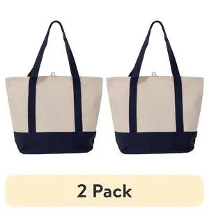 (2 pack) Planet E Deluxe Reusable Canvas Shopping Bag, Large Grocery Tote Bag, Navy/Beige (2 pack) Planet E Deluxe Reusable Canvas Shopping Bag, Large Grocery Tote Bag, Navy/Beige