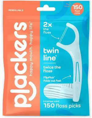 Plackers® Twin Line® Floss Picks with Tuffloss® Fiber & FlipPick®, Intense Mint, Double-Line Flosser for Effective Plaque Removal, 150 Count Plackers® Twin Line® Floss Picks with Tuffloss® Fiber & FlipPick®, Intense Mint, Double-Line Flosser for Effective Plaque Removal, 150 Count