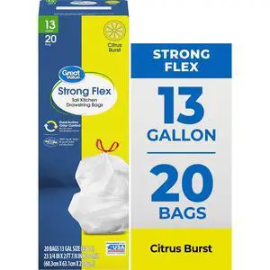 Great Value Strong Flex 13-Gallon Drawstring Tall Kitchen Trash Bags, Citrus Burst, 20 Count Great Value Strong Flex 13-Gallon Drawstring Tall Kitchen Trash Bags, Citrus Burst, 20 Count