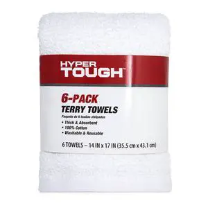 Hyper Tough Terry Towels, 100% Cotton, 14 in x 17 in, White, 6-Pack Hyper Tough Terry Towels, 100% Cotton, 14 in x 17 in, White, 6-Pack