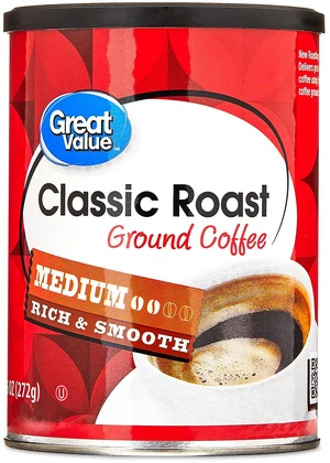 Great Value Classic Roast Ground Naturally Caffeinated Coffee, 9.6 oz Canister Great Value Classic Roast Ground Naturally Caffeinated Coffee, 9.6 oz Canister