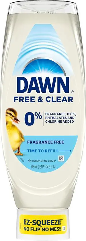 Dawn Free & Clear EZ-Squeeze Dish Soap Liquid, Dishwashing Liquid, Grease Removal, Upside Down Bottle, Unscented, 24.3 Fl Oz Dawn Free & Clear EZ-Squeeze Dish Soap Liquid, Dishwashing Liquid, Grease Removal, Upside Down Bottle, Unscented, 24.3 Fl Oz