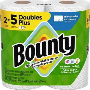 Bounty Select-A-Size Paper Towels, White, 2 Double Plus Rolls = 5 Regular Rolls Bounty Select-A-Size Paper Towels, White, 2 Double Plus Rolls = 5 Regular Rolls