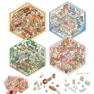 DIY 3D House Scene Stickers - 4 Sets, Warm Home, Supermarket, Bakery, Flower Shop, Cute Fun Stacking Miniature Cartoon for Adults and Kids, Stress Relief and Passing Time DIY 3D House Scene Stickers - 4 Sets, Warm Home, Supermarket, Bakery, Flower Shop, Cute Fun Stacking Miniature Cartoon for Adults and Kids, Stress Relief and Passing Time