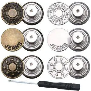 6pcs Metal No-Sew Nailess Removable Jeans Buttons Replacement, 17mm Adjustable Pants Button Tightener, Combo Thread Rivets and Screwdrivers 6pcs Metal No-Sew Nailess Removable Jeans Buttons Replacement, 17mm Adjustable Pants Button Tightener, Combo Thread Rivets and Screwdrivers