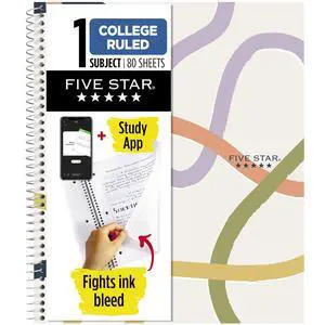 Five Star 820233F Spiral Notebook with Study App, 1 Subject, College Ruled, 8.5"x11", 80 Sheets, Fights Ink Bleed, Water Resistant Covers, Organic Lines Five Star 820233F Spiral Notebook with Study App, 1 Subject, College Ruled, 8.5"x11", 80 Sheets, Fights Ink Bleed, Water Resistant Covers, Organic Lines