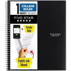 Five Star Spiral Notebook with Study App, 1 Subject, College Ruled, 100 Sheets, 8.5 x 11 Inches, Black (72057) Five Star Spiral Notebook with Study App, 1 Subject, College Ruled, 100 Sheets, 8.5 x 11 Inches, Black (72057)