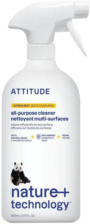 ATTITUDE All Purpose Cleaner Spray, EWG Verified, Vegan, 94% Plant-Based, Streak-Free, for Kitchen, Bathroom, Glass & More, Citrus Zest Scent, 27.1 Fl Oz ATTITUDE All Purpose Cleaner Spray, EWG Verified, Vegan, 94% Plant-Based, Streak-Free, for Kitchen, Bathroom, Glass & More, Citrus Zest Scent, 27.1 Fl Oz
