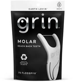 GRIN Molar Flosspyx, 75 Count, Minty Flavor, Recycled Plastic Floss Picks, with Safe Soft Fold-Back Tooth Pick GRIN Molar Flosspyx, 75 Count, Minty Flavor, Recycled Plastic Floss Picks, with Safe Soft Fold-Back Tooth Pick