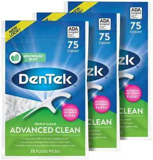 DenTek Triple Clean Advanced Clean Floss Picks, No Break & No Shred, 75 Count, 3 Pack DenTek Triple Clean Advanced Clean Floss Picks, No Break & No Shred, 75 Count, 3 Pack