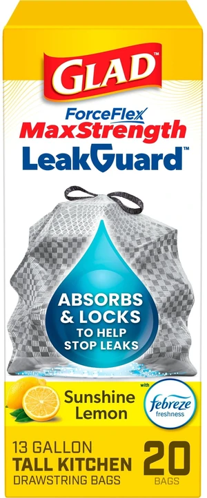 Glad ForceFlex MaxStrength LeakGuard 13-Gallon Tall Kitchen Trash Bags, Sunshine Lemon Scent, 20 Bags Glad ForceFlex MaxStrength LeakGuard 13-Gallon Tall Kitchen Trash Bags, Sunshine Lemon Scent, 20 Bags