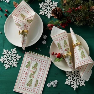 Napkins Set, 100 Piece Cotton Collection, Red Green Gold Mistletoe Pattern Reusable Cloth Table Dinner Napkins, Elegant Party Tableware for Kitchen Dining Room Celebration or Gift Napkins Set, 100 Piece Cotton Collection, Red Green Gold Mistletoe Pattern Reusable Cloth Table Dinner Napkins, Elegant Party Tableware for Kitchen Dining Room Celebration or Gift