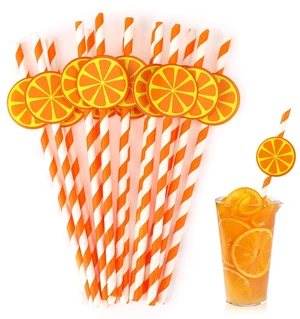 Disposable Paper Straws, Oange Striped Patterned Drinking Straws, 30 Pcs | Cute Straw for Cocktail, Milkshake, Coffee, Lemonade Stand Supplies Lemon Themed Party Supplies - Set of 30 Disposable Paper Straws, Oange Striped Patterned Drinking Straws, 30 Pcs | Cute Straw for Cocktail, Milkshake, Coffee, Lemonade Stand Supplies Lemon Themed Party Supplies - Set of 30
