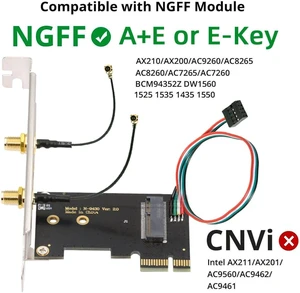 ChenYang PCI-E X1 to NGFF A+E/E-Key Wireless Network Card PCI Express Expansion Card Adapter with Dual Antenna for Wifi5 Wifi6 Wifi6E,Bluetooth 5.3(USB Port),Supports Windows 11/10 ChenYang PCI-E X1 to NGFF A+E/E-Key Wireless Network Card PCI Express Expansion Card Adapter with Dual Antenna for Wifi5 Wifi6 Wifi6E,Bluetooth 5.3(USB Port),Supports Windows 11/10