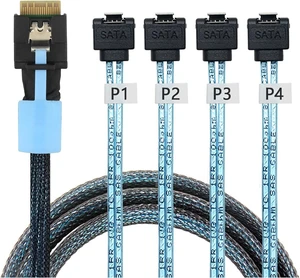 Slimline SAS SFF 8654 4i to 4 SATA Cable 32AWG Server Cable0.5M/19.68in Slimline SAS SFF 8654 4i to 4 SATA Cable 32AWG Server Cable0.5M/19.68in