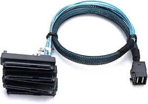 Mini SAS HD SFF-8643 to (4) 29pin SFF-8482 Server Cable with SAS 15pin Power Port Cable (19.68, Inches) Mini SAS HD SFF-8643 to (4) 29pin SFF-8482 Server Cable with SAS 15pin Power Port Cable (19.68, Inches)