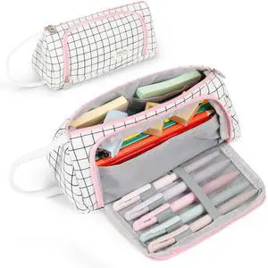 White Checkered Pencil Case Canvas Front Window Pouch Organizer | Double smooth zippers, roomy interior, clear view opening, portable handle, mesh pockets, versatile stationery holder White Checkered Pencil Case Canvas Front Window Pouch Organizer | Double smooth zippers, roomy interior, clear view opening, portable handle, mesh pockets, versatile stationery holder