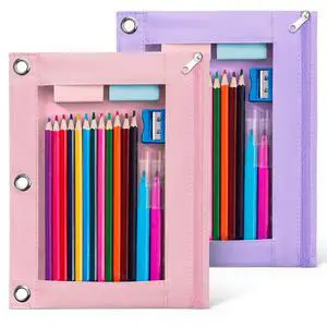 Pencil Pouch for 3 Ring Binder, 2 Pack Binder Pencil Pouch with Clear Window Pencil Bags with Zipper & Reinforced Grommets, Pencil Case for Binder Pink&Purple Pencil Pouch for 3 Ring Binder, 2 Pack Binder Pencil Pouch with Clear Window Pencil Bags with Zipper & Reinforced Grommets, Pencil Case for Binder Pink&Purple