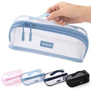 Transparent Mesh Pencil Pouch with Handle Big Case Clear Pen Bag College Essentials School Supplies, Light Blue Transparent Mesh Pencil Pouch with Handle Big Case Clear Pen Bag College Essentials School Supplies, Light Blue
