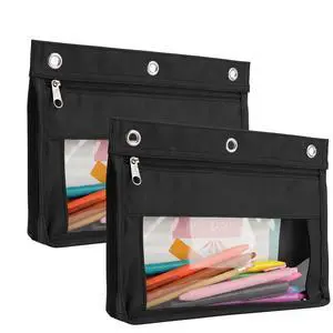 Expandable Zipper Pencil Pouch for 3 Ring Binder, 2 Pack, Black | 1" Expansion, Large Capacity, Waterproof Binder Pouch with Dual Zippers & Clear Window for School & Office Supplies Expandable Zipper Pencil Pouch for 3 Ring Binder, 2 Pack, Black | 1" Expansion, Large Capacity, Waterproof Binder Pouch with Dual Zippers & Clear Window for School & Office Supplies