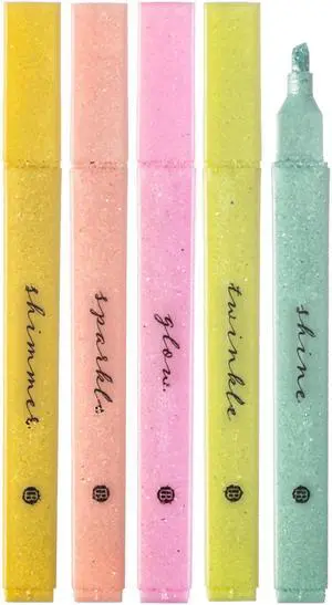 Glitter Bible Highlighters with Soft Chisel Tip (Sunshine) | 5 Pack Assorted Color Pens No Bleed, Quick Dry, Cute Aesthetic Marker Set for Bible Study Journaling Supplies Glitter Bible Highlighters with Soft Chisel Tip (Sunshine) | 5 Pack Assorted Color Pens No Bleed, Quick Dry, Cute Aesthetic Marker Set for Bible Study Journaling Supplies