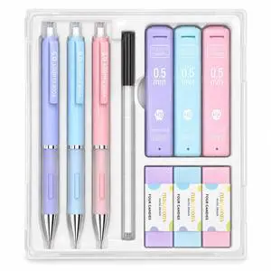0.5mm Pastel Mechanical Pencil Set with Case, 3-Pack | 360 Leads, 3 Erasers+9 Refills, Cute Pink/Purple/Blue Barrels, Non-Slip Grip, Fine Lines for Notes, Tests & Drawing 0.5mm Pastel Mechanical Pencil Set with Case, 3-Pack | 360 Leads, 3 Erasers+9 Refills, Cute Pink/Purple/Blue Barrels, Non-Slip Grip, Fine Lines for Notes, Tests & Drawing