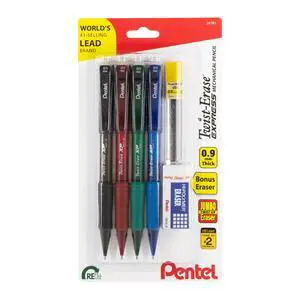 Twist-Erase EXPRESS Mechanical Pencils, (0.9mm), Assorted Barrel Colors, Pack of 4 Pencils, Lead + Small Block Eraser Twist-Erase EXPRESS Mechanical Pencils, (0.9mm), Assorted Barrel Colors, Pack of 4 Pencils, Lead + Small Block Eraser
