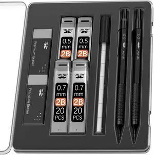 Metal Mechanical Pencil Set with Lead Refills & Erasers, 2 Pack | 2 Sizes, 0.5 & 0.7mm, 4x Tubes 2B Lead Refill, 2x Erasers for School Supplies, Note Taking, Drawing, Fathers Day Gift Metal Mechanical Pencil Set with Lead Refills & Erasers, 2 Pack | 2 Sizes, 0.5 & 0.7mm, 4x Tubes 2B Lead Refill, 2x Erasers for School Supplies, Note Taking, Drawing, Fathers Day Gift