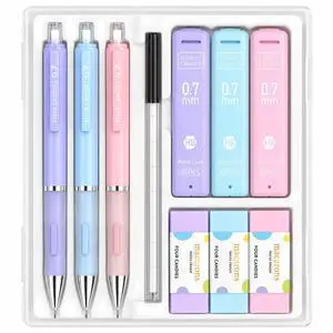 0.7mm Pastel Mechanical Pencil Set with Case, 3-Pack | 360 Leads, 3 Erasers+9 Refills, Cute Pink/Purple/Blue Barrels, Non-Slip Grip, for School Notes & Everyday Writing 0.7mm Pastel Mechanical Pencil Set with Case, 3-Pack | 360 Leads, 3 Erasers+9 Refills, Cute Pink/Purple/Blue Barrels, Non-Slip Grip, for School Notes & Everyday Writing