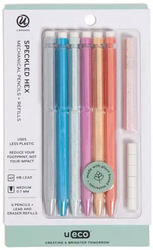 U-Eco Recycled Mechanical Pencil Set, Bulk Mechanical Pencils 0.7mm, Speckled Hex Brights, Medium Lead, School Supplies, 6 Pack U-Eco Recycled Mechanical Pencil Set, Bulk Mechanical Pencils 0.7mm, Speckled Hex Brights, Medium Lead, School Supplies, 6 Pack