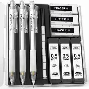 Cute Mechanical Pencil Set with Case - 3PCS Pencils 0.5mm with 180PCS HB Lead Refills, 3PCS Erasers, 9PCS Eraser Refills, White Clear Mechanical Pencil for Students Drawing, Writing Cute Mechanical Pencil Set with Case - 3PCS Pencils 0.5mm with 180PCS HB Lead Refills, 3PCS Erasers, 9PCS Eraser Refills, White Clear Mechanical Pencil for Students Drawing, Writing