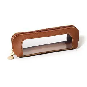 Small Clear Makeup Brush Bag, Brown PU Leather Travel Cosmetic Pouch, Transparent Waterproof Pencil Case Organizer with Zipper for Women Home & Office Storage Small Clear Makeup Brush Bag, Brown PU Leather Travel Cosmetic Pouch, Transparent Waterproof Pencil Case Organizer with Zipper for Women Home & Office Storage