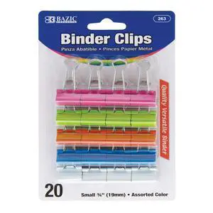 Small 3/4" (19mm) Assorted Color Binder Clip (20/Pack), 263 | Assorted color binder clips, Clamp paper stacks tight and hold without staples or folds, For home and office use Small 3/4" (19mm) Assorted Color Binder Clip (20/Pack), 263 | Assorted color binder clips, Clamp paper stacks tight and hold without staples or folds, For home and office use