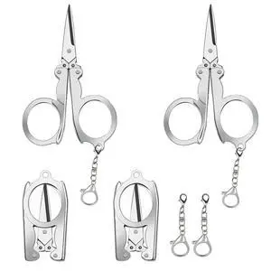 4pc Small Folding Scissors, With Key Chain, Portable - Mini Scissors For Travel, Outdoors (Silver) 4pc Small Folding Scissors, With Key Chain, Portable - Mini Scissors For Travel, Outdoors (Silver)