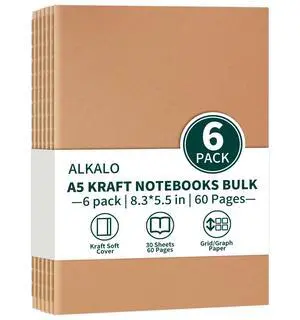 6 Pack A5 Grid Kraft Notebooks Bulk, 8.3x5.5 Inches, Journaling Notebooks | A5 Graph Paper Notebook, 30 Sheets/60 Pages, Soft Cover Composition Notebook, Journal Notebooks Set for Work, School 6 Pack A5 Grid Kraft Notebooks Bulk, 8.3x5.5 Inches, Journaling Notebooks | A5 Graph Paper Notebook, 30 Sheets/60 Pages, Soft Cover Composition Notebook, Journal Notebooks Set for Work, School