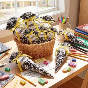50 Pcs Back to School Composition Notebook Cone Bags | Cellophane Cone Bags with Yellow Ribbon and Gift Tags, Composition Notebook Style, Teacher Appreciation and Classroom Treats 50 Pcs Back to School Composition Notebook Cone Bags | Cellophane Cone Bags with Yellow Ribbon and Gift Tags, Composition Notebook Style, Teacher Appreciation and Classroom Treats