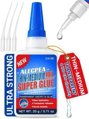 Thin CA Glue 100 CPS - Medium Viscosity Cyanoacrylate, 20g | Instant bond glue for wood, glass, metal, plastic, ceramic, jewelry, models, Includes precision micro-tips. Thin CA Glue 100 CPS - Medium Viscosity Cyanoacrylate, 20g | Instant bond glue for wood, glass, metal, plastic, ceramic, jewelry, models, Includes precision micro-tips.