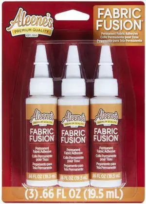Fabric Fusion Glue .66 oz 3-Pack, Permanent and Washable Adhesive, Dries Flexible, Strong Bond on Fabrics, Clothing, Denim, Polyester, Cotton, Flannel Materials Fabric Fusion Glue .66 oz 3-Pack, Permanent and Washable Adhesive, Dries Flexible, Strong Bond on Fabrics, Clothing, Denim, Polyester, Cotton, Flannel Materials
