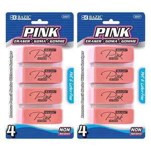 Pink Bevel Block Erasers, 4 Count, 2-Pack | latex-free and PVC-free, pink beveled block erasers, Clean erase, smudge-resistant, school, home Pink Bevel Block Erasers, 4 Count, 2-Pack | latex-free and PVC-free, pink beveled block erasers, Clean erase, smudge-resistant, school, home