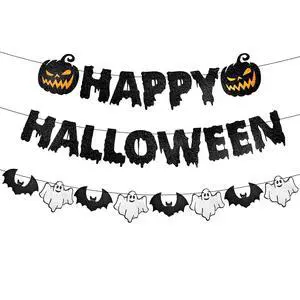 Black Glitter Happy Halloween Banner - Halloween Hanging Paper Garland Bunting Banner with Pumpkin, Ghost, and Bat Decorations, Photo Backdrop for Wall Home Mantle Office Wall Scary Party Supplies Black Glitter Happy Halloween Banner - Halloween Hanging Paper Garland Bunting Banner with Pumpkin, Ghost, and Bat Decorations, Photo Backdrop for Wall Home Mantle Office Wall Scary Party Supplies