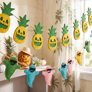 2 Pcs 6 ft Summer Halloween Felt Banners, 3D Ghost and Pineapple | Tropical Pineapple Jack-o-lantern and Colorful Ghosts in Sunglasses, Hanging Garlands for Luau Pool Party Wall Decor 2 Pcs 6 ft Summer Halloween Felt Banners, 3D Ghost and Pineapple | Tropical Pineapple Jack-o-lantern and Colorful Ghosts in Sunglasses, Hanging Garlands for Luau Pool Party Wall Decor