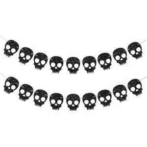 2PC Black Skull Garland for Halloween Party Decorations Glitter Skull Banner for Gothic Birthday Decorations Supplies 2PC Black Skull Garland for Halloween Party Decorations Glitter Skull Banner for Gothic Birthday Decorations Supplies