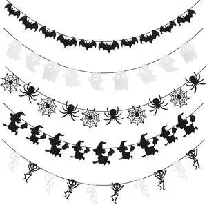 Halloween Bat Banner Spider Ghost Skeleton Witch Garland, 5 PCS White Black Glitter Banner Garland for Halloween Party Haunted House Classroom Firepalce Indoor Outdoor Decorations Halloween Bat Banner Spider Ghost Skeleton Witch Garland, 5 PCS White Black Glitter Banner Garland for Halloween Party Haunted House Classroom Firepalce Indoor Outdoor Decorations