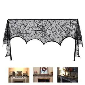 Halloween Black Lace Spiderweb Fireplace Mantle Scarf Cover | Mantle Decorations, Garland, Festive Party Supplies, 18 x 98 inch Halloween Black Lace Spiderweb Fireplace Mantle Scarf Cover | Mantle Decorations, Garland, Festive Party Supplies, 18 x 98 inch