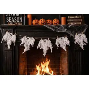 Halloween Ghost Garland: 6Ft Rustic Ghost Garland Banner for Mantel, Vintage Halloween Decor for Home Wall Fireplace Indoor Halloween Decorations Halloween Ghost Garland: 6Ft Rustic Ghost Garland Banner for Mantel, Vintage Halloween Decor for Home Wall Fireplace Indoor Halloween Decorations